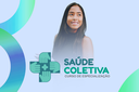 Arte em fundo azul claro com imagem de estudantes e marca do Curso de Especialização em Saúde Coletiva