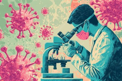 Arte com A ilustração de cientista, usando equipamentos de proteção, observando sob um microscópio