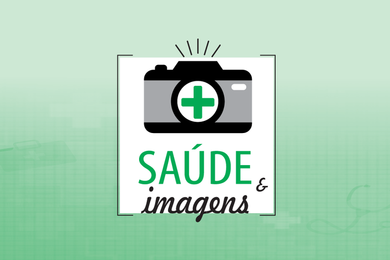 Arte em fundo verde com marca do Projeto de Extensão Saúde e Imagens