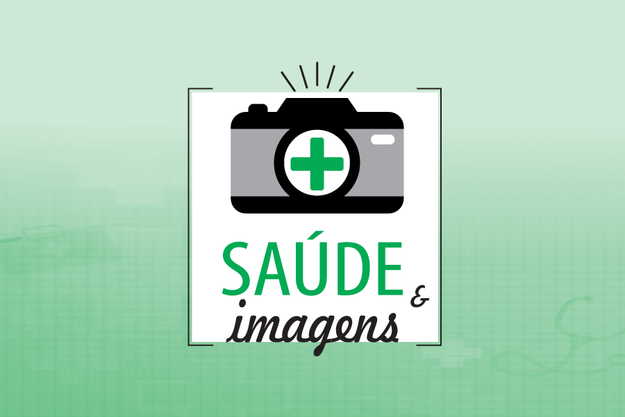Arte em fundo verde com marca do Projeto de Extensão Saúde e Imagens