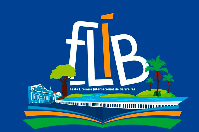 Arte em fundo azul com a marca da Festa Literária Internacional de Barreiras