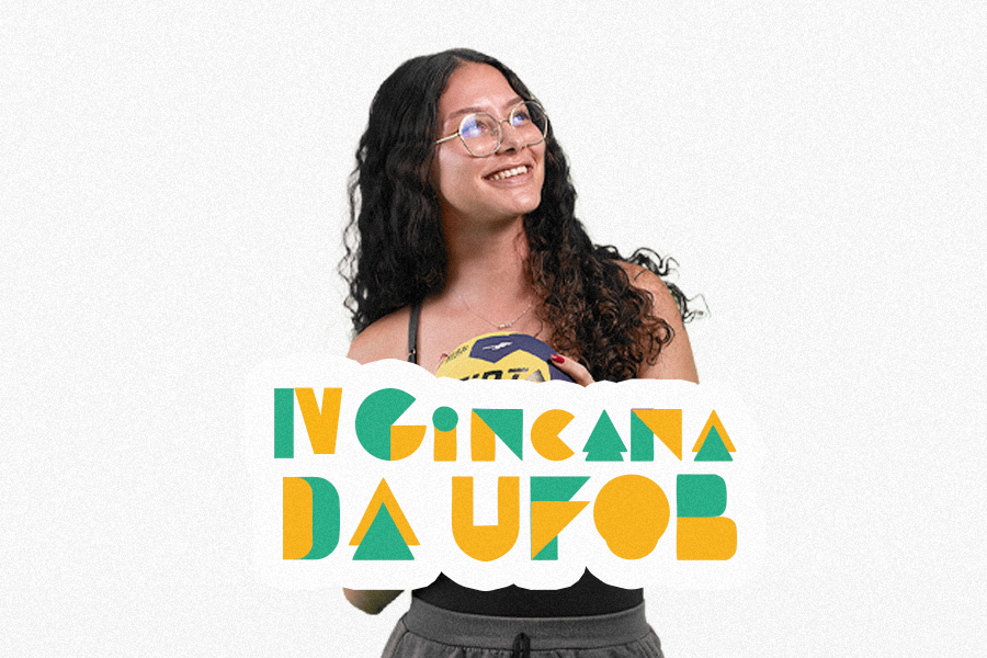 Arte em fundo branco com foto de estudante segurando bola de volei e marca da IV Gincana da UFOB sobreposta