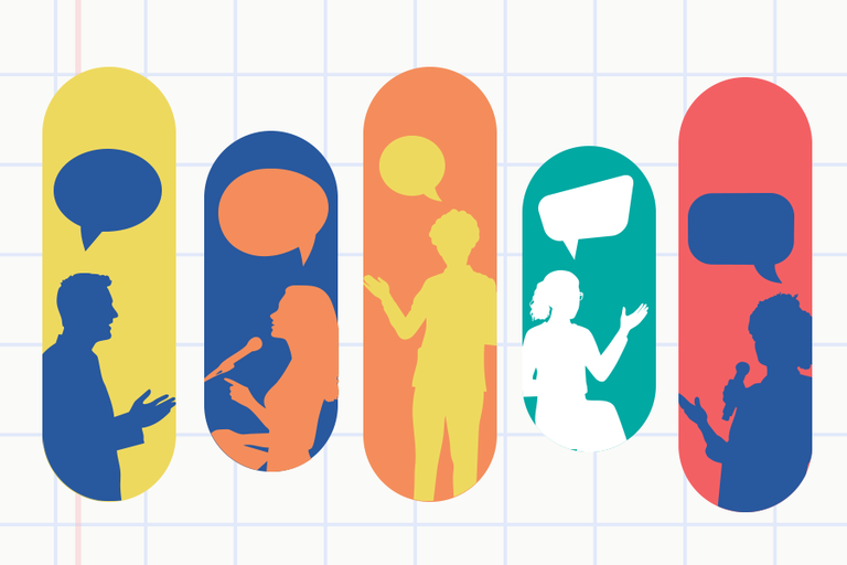 Arte em fundo bege com cinco barras coloridas com imagens de pessoas se comunicando
