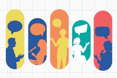 Arte em fundo bege com cinco barras coloridas com imagens de pessoas se comunicando