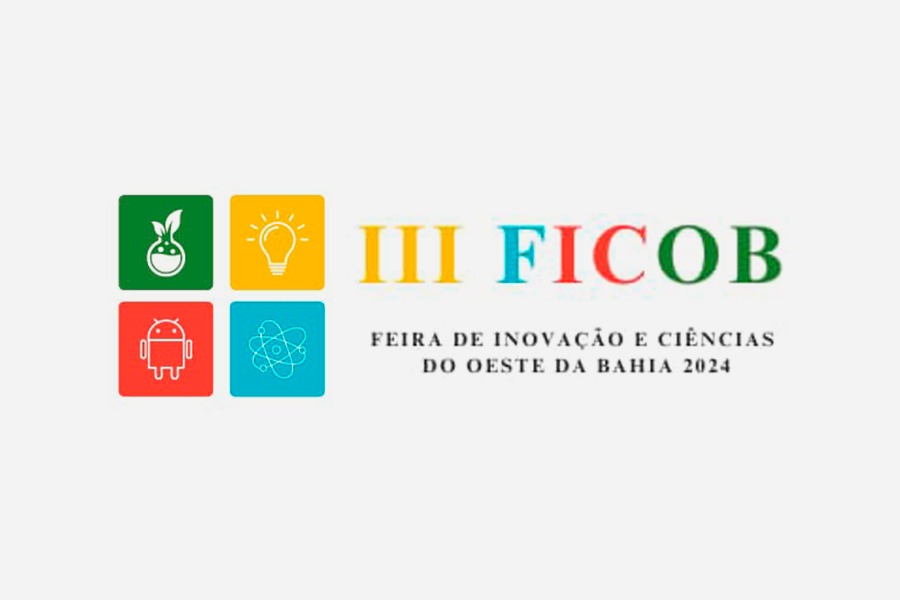 Arte em fundo branco com quatro ícones e o texto III FICOB - Feira de Inovação e Ciências do Oeste da Bahia 2024