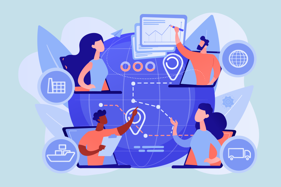 lustração com um globo e diversas figuras humanas ao redor, marcando locais como em um mapeamento