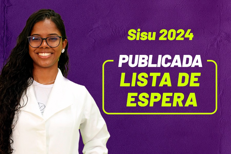 Arte em fundo lilás com foto de estudante com texto "Sisu 2024: Publicada Lista de Espera"