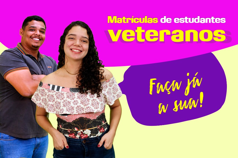 Imagem de dois estudantes da UFOB, um homem e uma mulher, com o texto "Matrícula de estudantes veteranos:Faça já a sua"