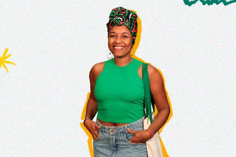 Arte em fundo bege com Imagem de estudante da UFOB sorrindo