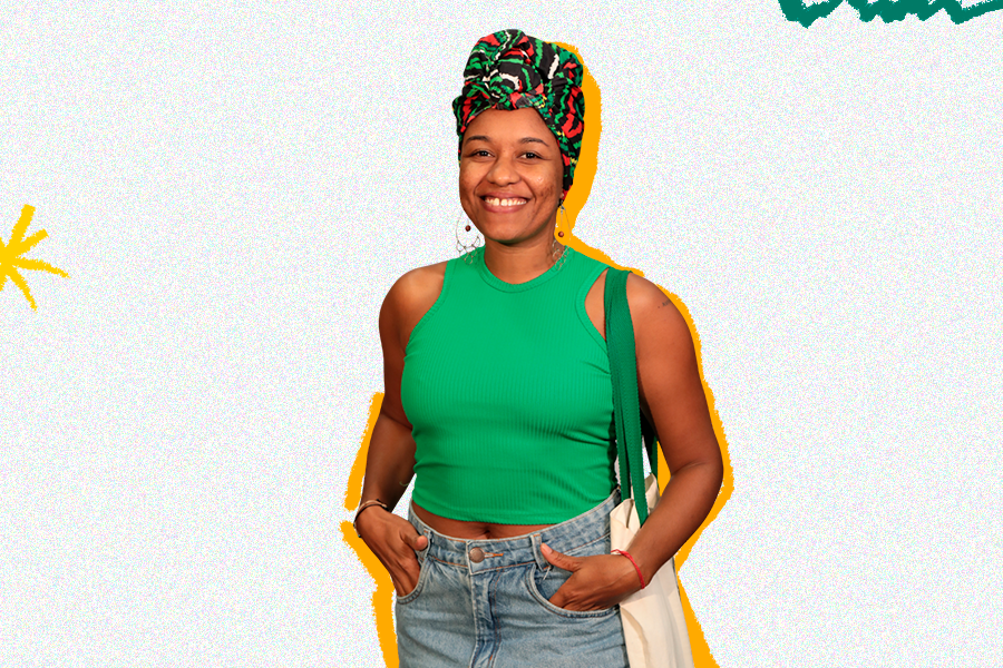 Arte em fundo bege com Imagem de estudante da UFOB sorrindo