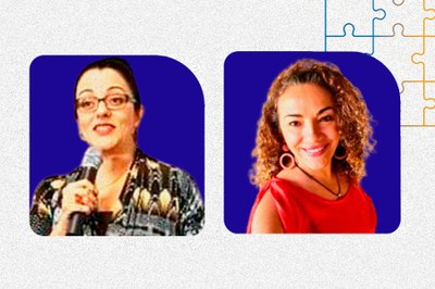 Arte em fundo cinza com foto da professora Maria Elizete Kunkel, da Universidade Federal de São Paulo (Unifesp), e da pesquisadora voluntária da Unifesp em projetos de inclusão e acessibilidade, Valdirene Aparecida Armenara