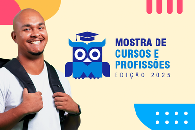 Arte em fundo bege com foto de estudante negro seguida do texto "Mostra de Cursos e Profissões | Edição 2025"