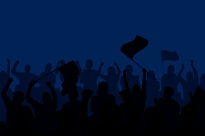 Imagem em fundo azul de pessoas mobilizadas