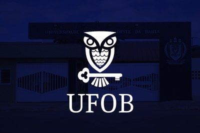 Arte em fundo azul com a marca da UFOB