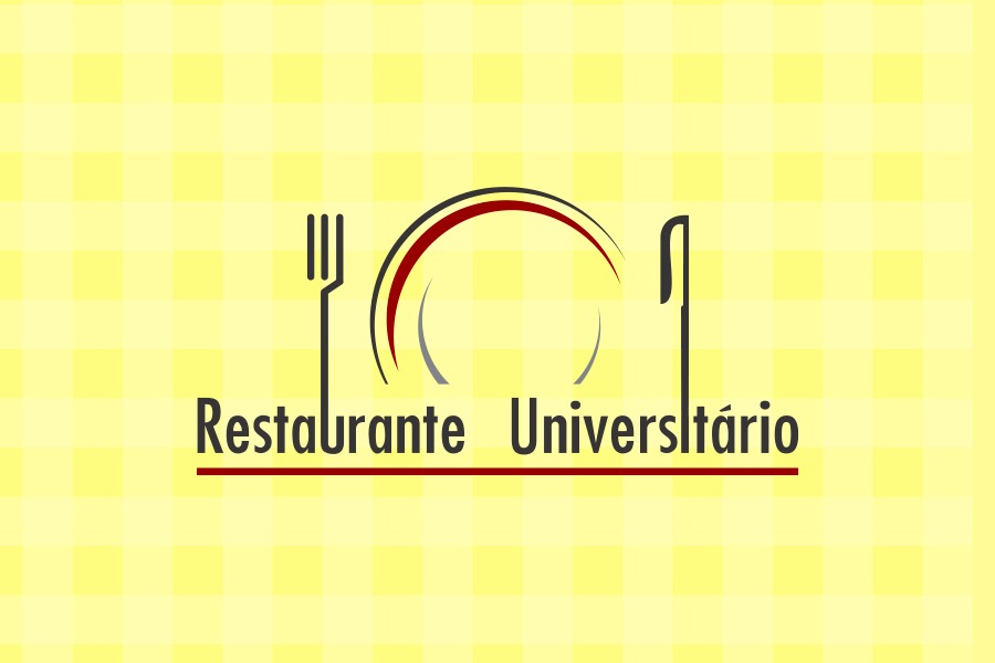 Imagem em fundo amarelo com marca do Restaurante Universitário da UFOB, composta por um prato ao centro com um garfo e faca