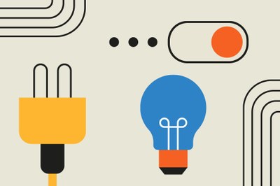 Arte em fundo bege com ícones de lâmpada e tomada 