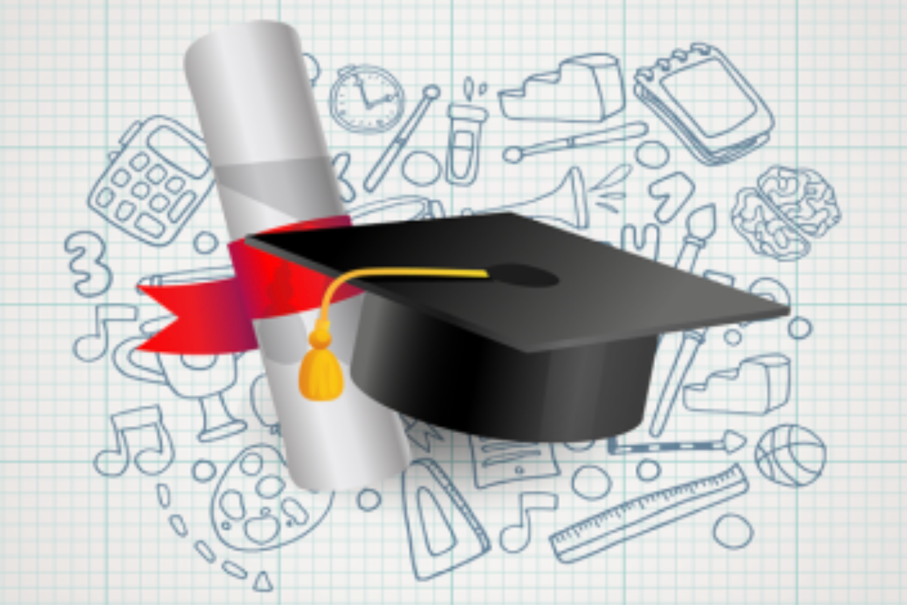 Imagem em fundo cinza com vários ícones, destacando a beca e o diploma