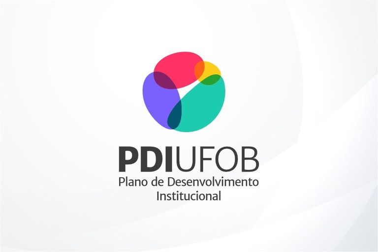 Imagem em fundo branco com marca do Plano de Desenvolvimento Institucional da UFOB, com elemento nas cores verde, lilás, vermelho, amarelo e branco