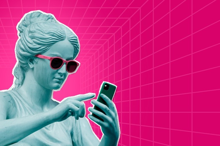 Imagem com estilo pop art que apresenta uma escultura clássica de uma mulher com um telefone celular