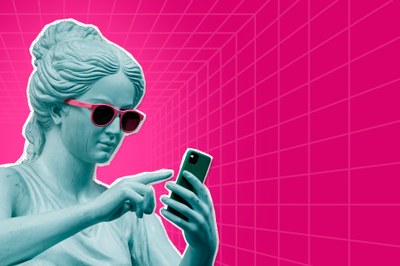 Imagem com estilo pop art que apresenta uma escultura clássica de uma mulher com um telefone celular