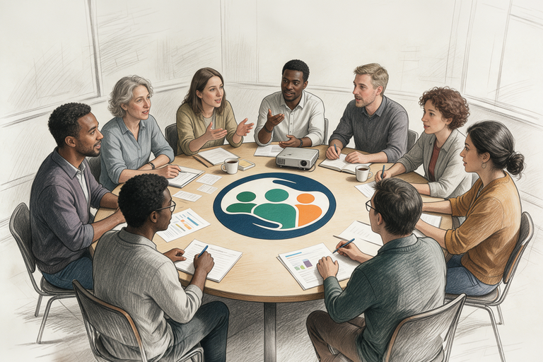 Pessoas colaboram em uma reunião ao redor de uma mesa