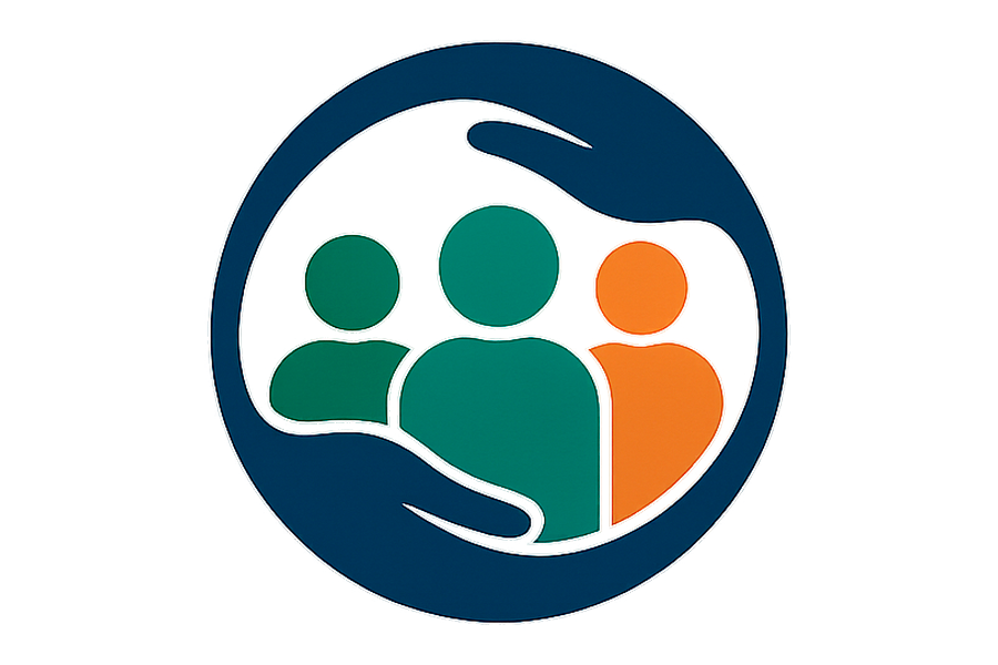 Arte com imagem de logotipo que simboliza união e cuidado, com silhuetas de pessoas dentro de um círculo protetor