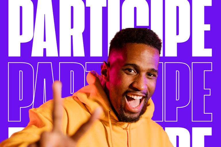 Arte em fundo lilás com foto de estudante e texto "Participe"