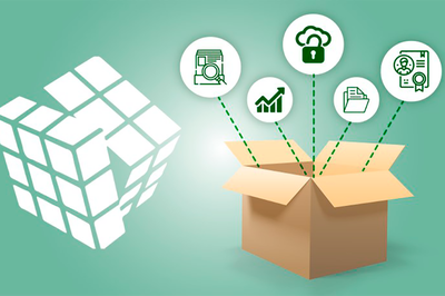 Arte em fundo verde com imagem de caixa com ícones de dados, certificação e pastas