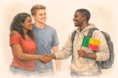 Imagem de desenho de dois estudantes apertando a mão de um estudante internacional