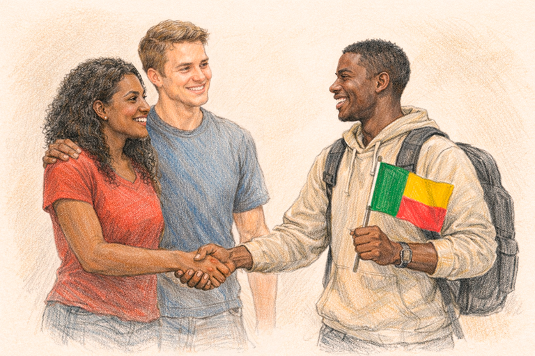 Imagem de desenho de dois estudantes apertando a mão de um estudante internacional