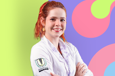 Arte em fundo colorida com foto de estudante de Medicina da UFOB