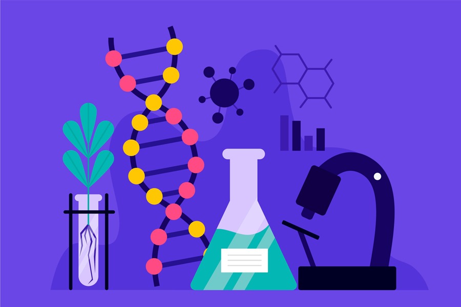 Arte em fundo lilás com ilustração de equipamentos científicos