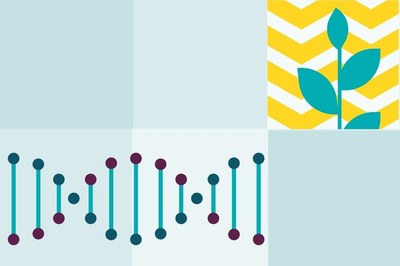 Arte em fundo verde com Imagem de sequência de DNA e uma planta medicinal