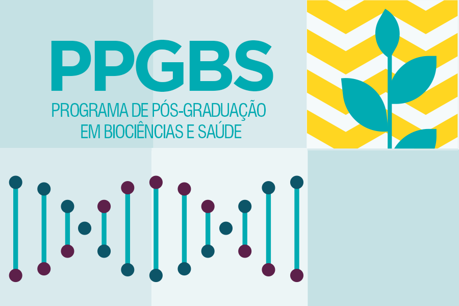 Arte de Divulgação do Programa de Pós-graduação em Biociências e Saúde, com fundo verde, amarelo e desenho de folhas de planta