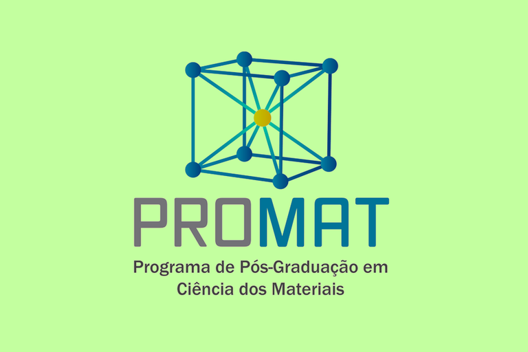 Arte em fundo verde com a marca do Programa de Pós-Graduação em Ciência dos Materiais (Promat)