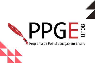 Arte em fundo branco com imagem de caneta com pena e texto "PPGE Programa de Pós-Graduação em Ensino da UFOB"