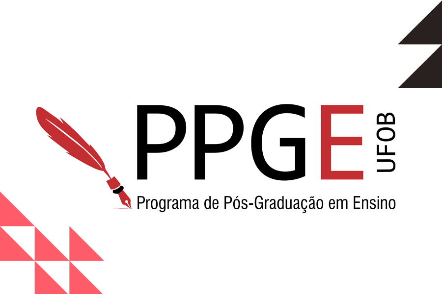 Arte em fundo branco com imagem de caneta com pena e texto "PPGE Programa de Pós-Graduação em Ensino da UFOB"