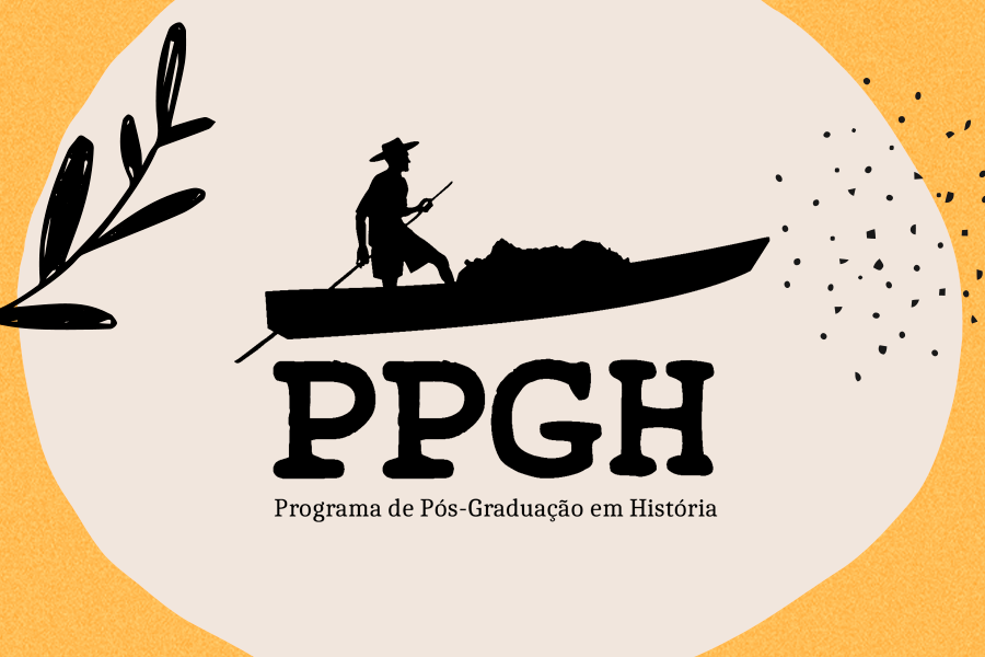 Arte em fundo bege com bordas amarelas ea marca do Programa de Pós-Graduação em História (PPGH)
