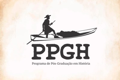 Arte em fundo bege com marca do Programa de Pós-Graduação em História, com imagem de homem navegando em uma canoa
