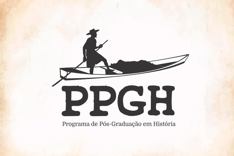 Arte em fundo bege com marca do Programa de Pós-Graduação em História, com imagem de homem navegando em uma canoa