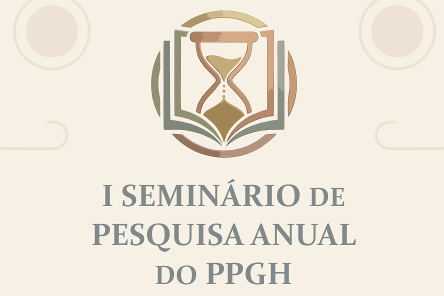 Arte em fund bege com desenho de ampulheta sob livro e texto " Seminário Anual de Pesquisa"