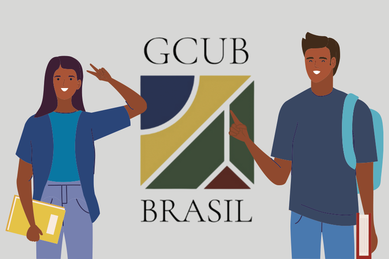 Arte em fundo bege com desenho de estudantes com marca do Programa GCUB Brasil
