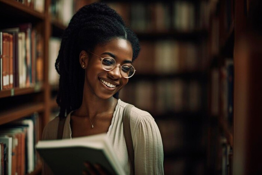 Imagem de estudante negra com livro na mão em uma biblioteca