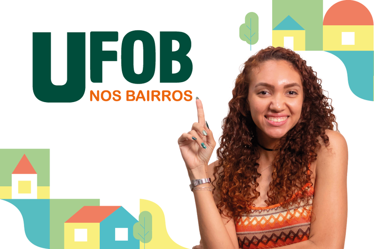 Arte em fundo branco com ícones coloridos e imagem de estudante com dedo indicador levantado para a marca do Programa UFOB nos Bairros