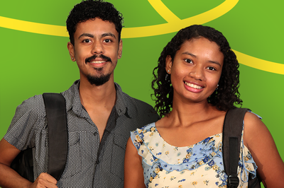 Arte em fundo verde com imagem de duas pessoas estudantes 