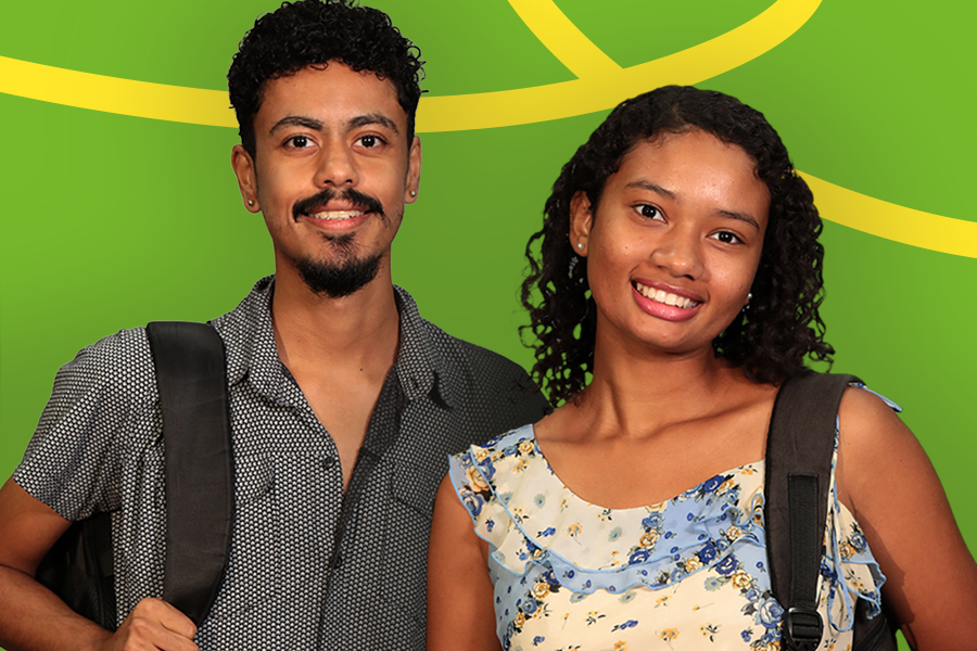 Arte em fundo verde com imagem de duas pessoas estudantes 