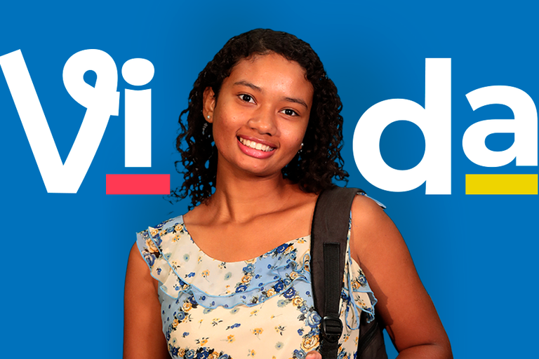 Arte em fundo azul com foto de estudante e texto "Vida"