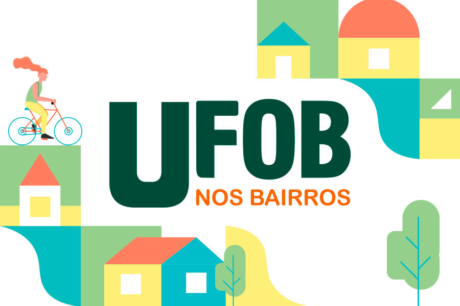 Arte em fundo branco comícones de casa, bicicleta, árvores e o texto "UFOB nos Bairros"