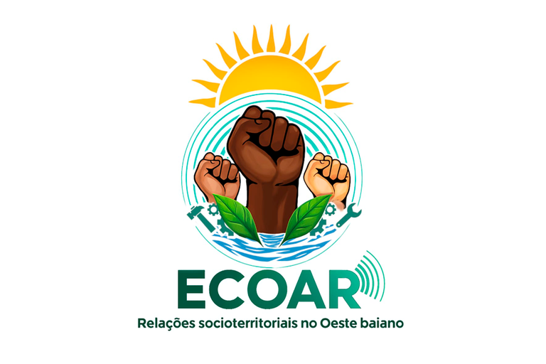 Imagem em fundo branco de marca com três mãos com sol ao fundo e águas à frente seguida do texto "Ecoar: Relações socioterritoriais no Oeste baiano"