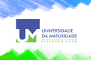 Arte de Divulgação com a marca do projeto Universidade da Maturidade, com fundo branco e arte nas cores verde e azul
